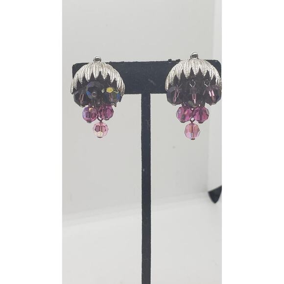 Vintage Earrings Purple Waterfall Clip On Schrager Aurora Borealis Bead Dangle - Picture 6 of 13